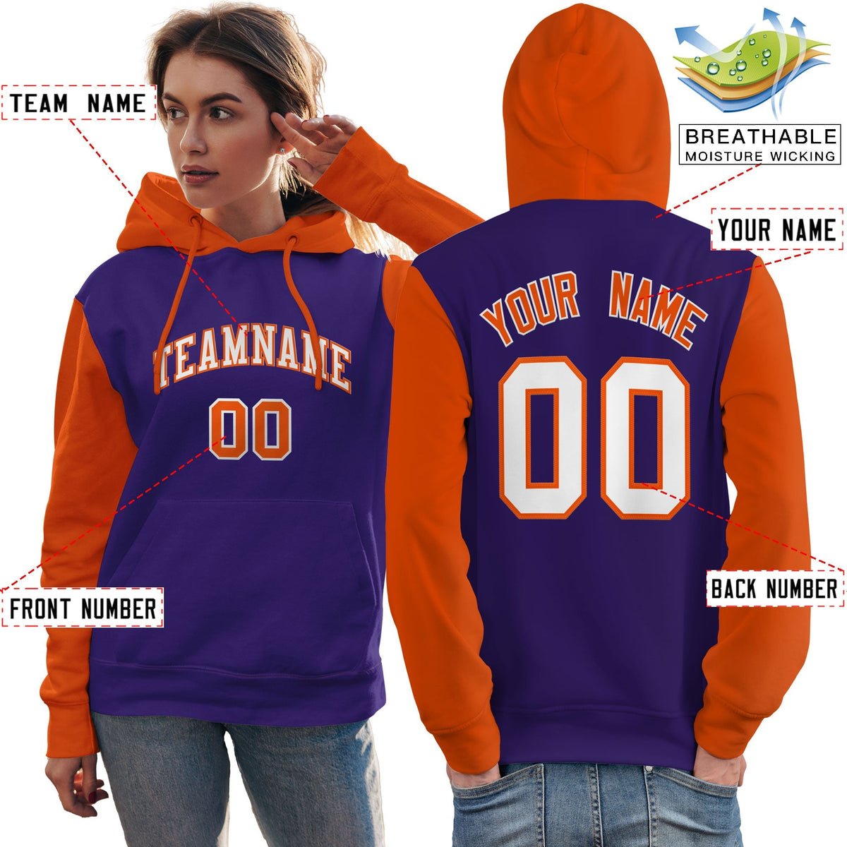Custom Purple White-Orange Raglan Sleeves Pullover Personalized Team Sweatshirt Hoodie| KXKSHOP