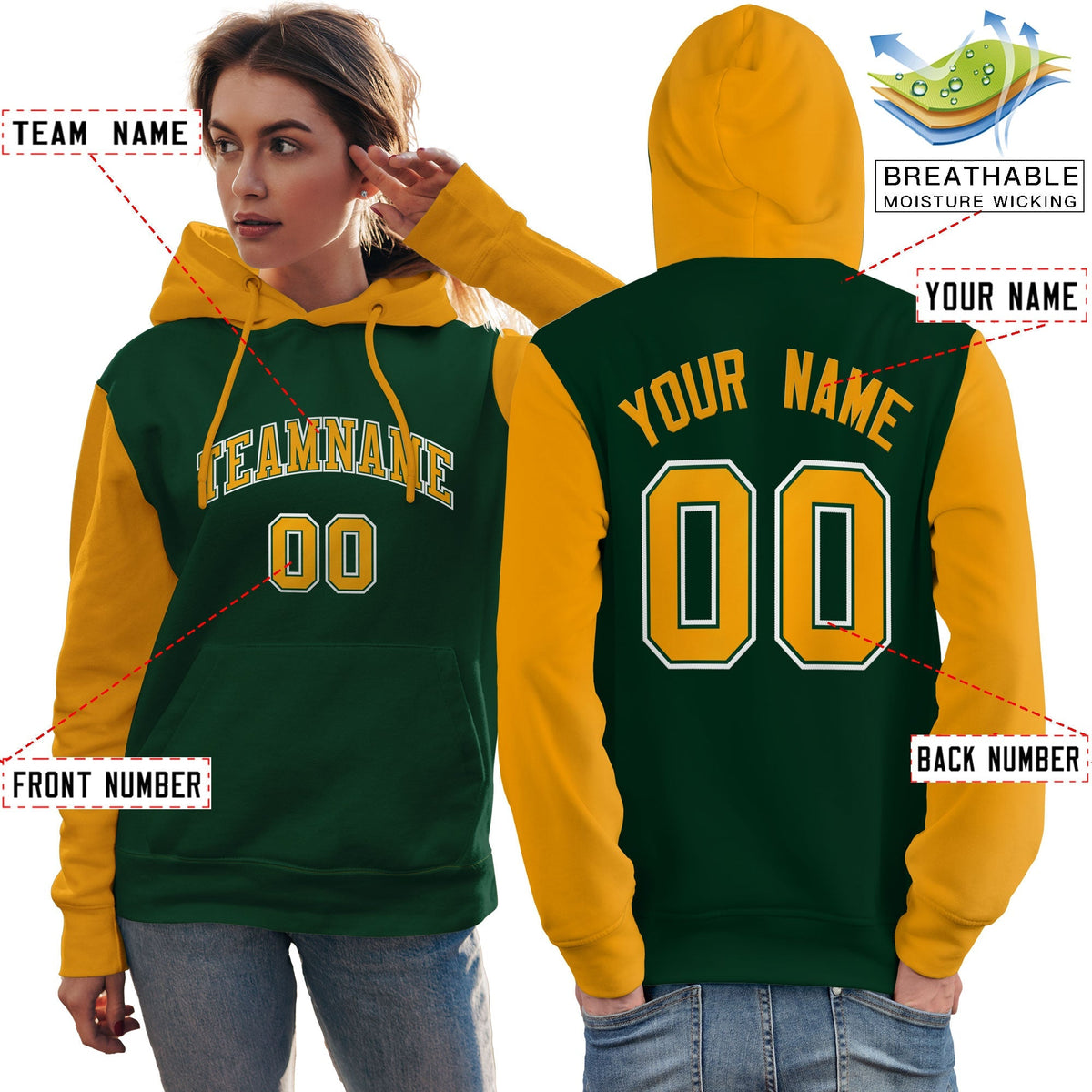 Custom Green Gold-White Raglan Sleeves Pullover Personalized Team Sweatshirt Hoodie| KXKSHOP