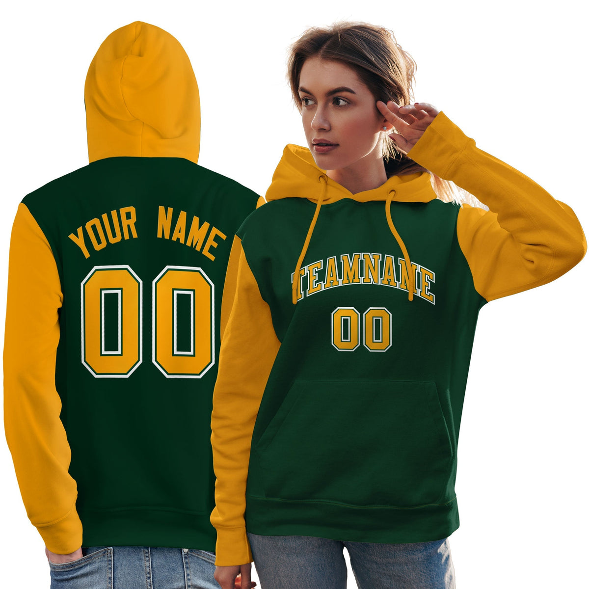 Custom Green Gold-White Raglan Sleeves Pullover Personalized Team Sweatshirt Hoodie| KXKSHOP