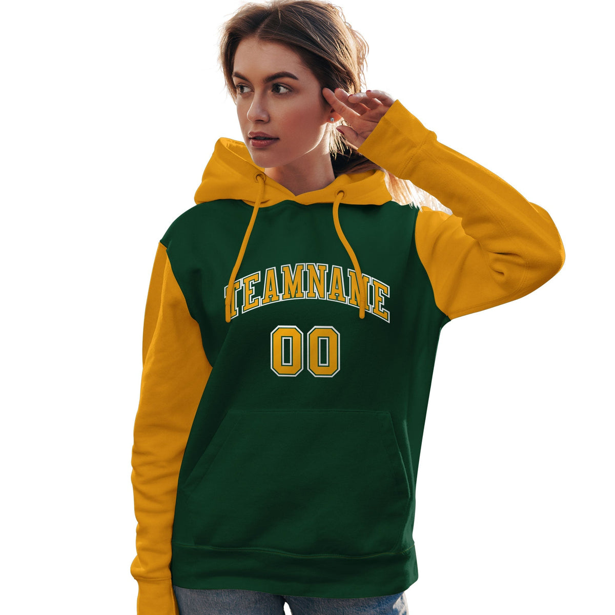 Custom Green Gold-White Raglan Sleeves Pullover Personalized Team Sweatshirt Hoodie| KXKSHOP