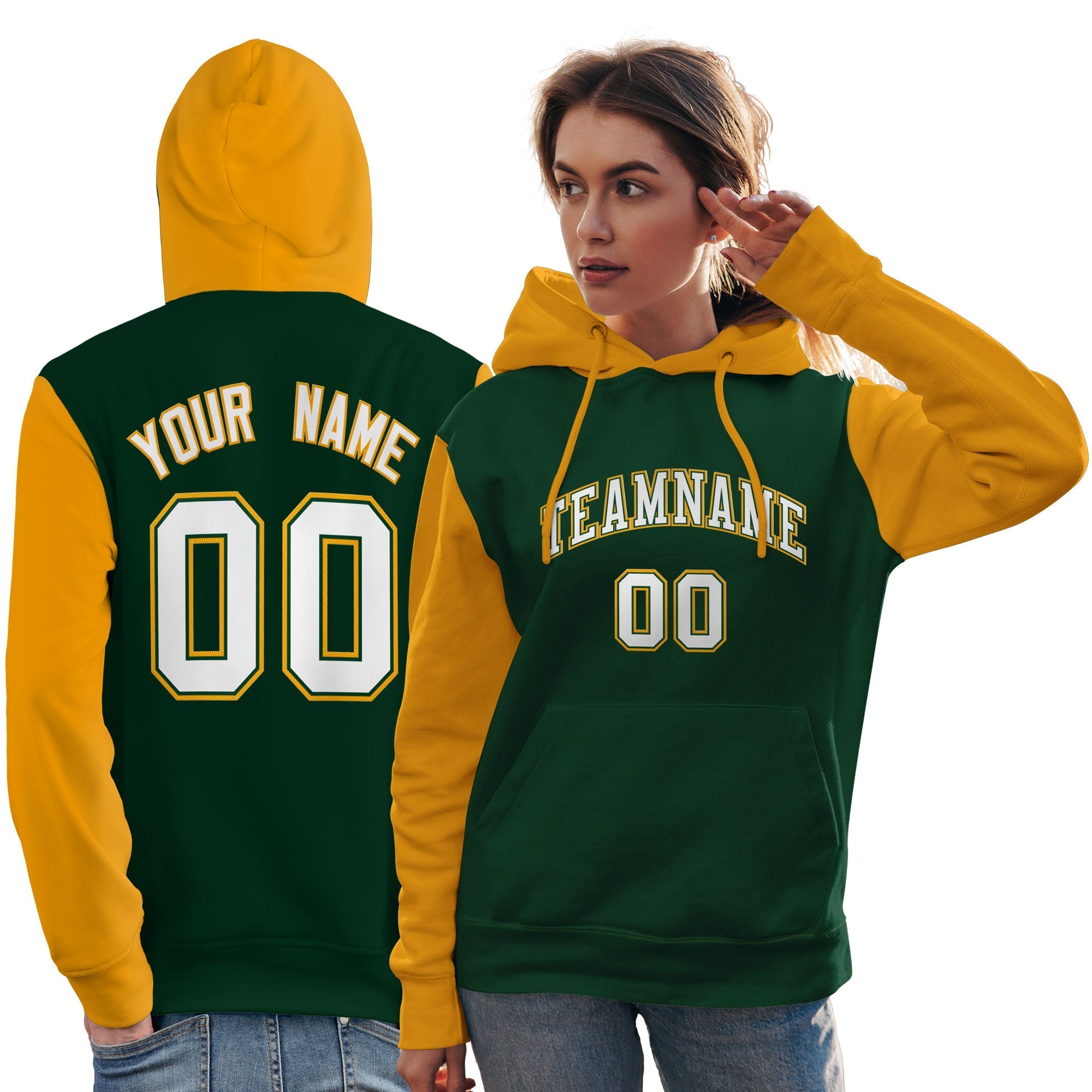 Custom Green White-Gold Raglan Sleeves Pullover Personalized Team Sweatshirt Hoodie| KXKSHOP