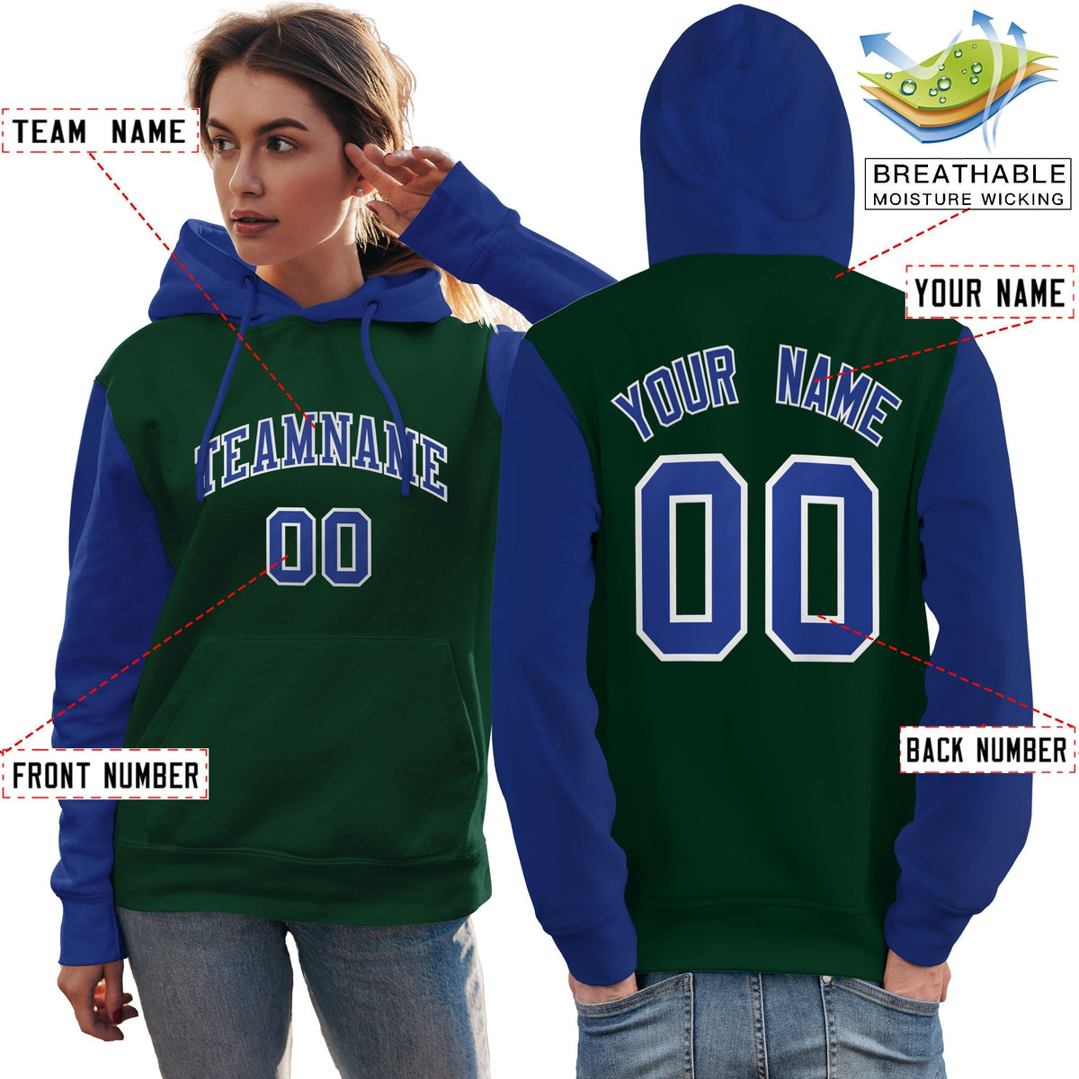 Custom Green Royal-White Raglan Sleeves Pullover Personalized Team Sweatshirt Hoodie| KXKSHOP