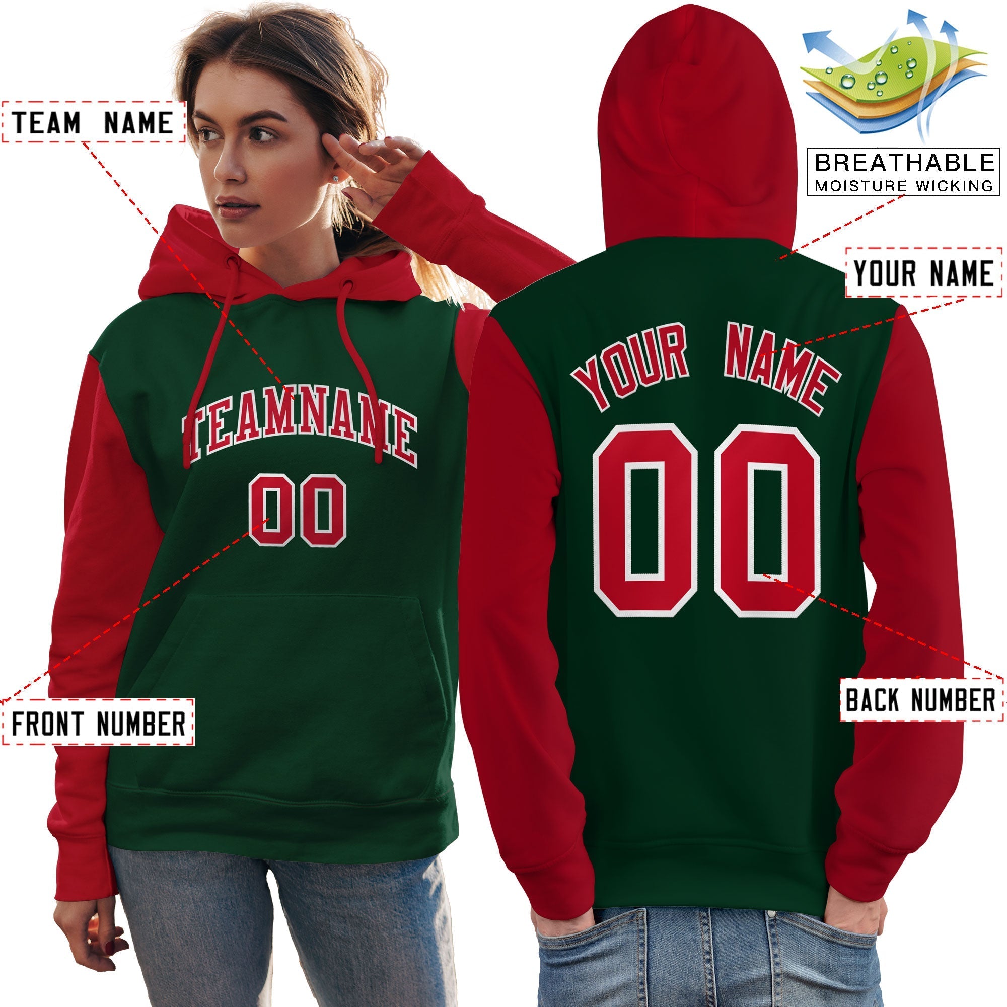 Custom Green Red-White Raglan Sleeves Pullover Personalized Team Sweatshirt Hoodie| KXKSHOP