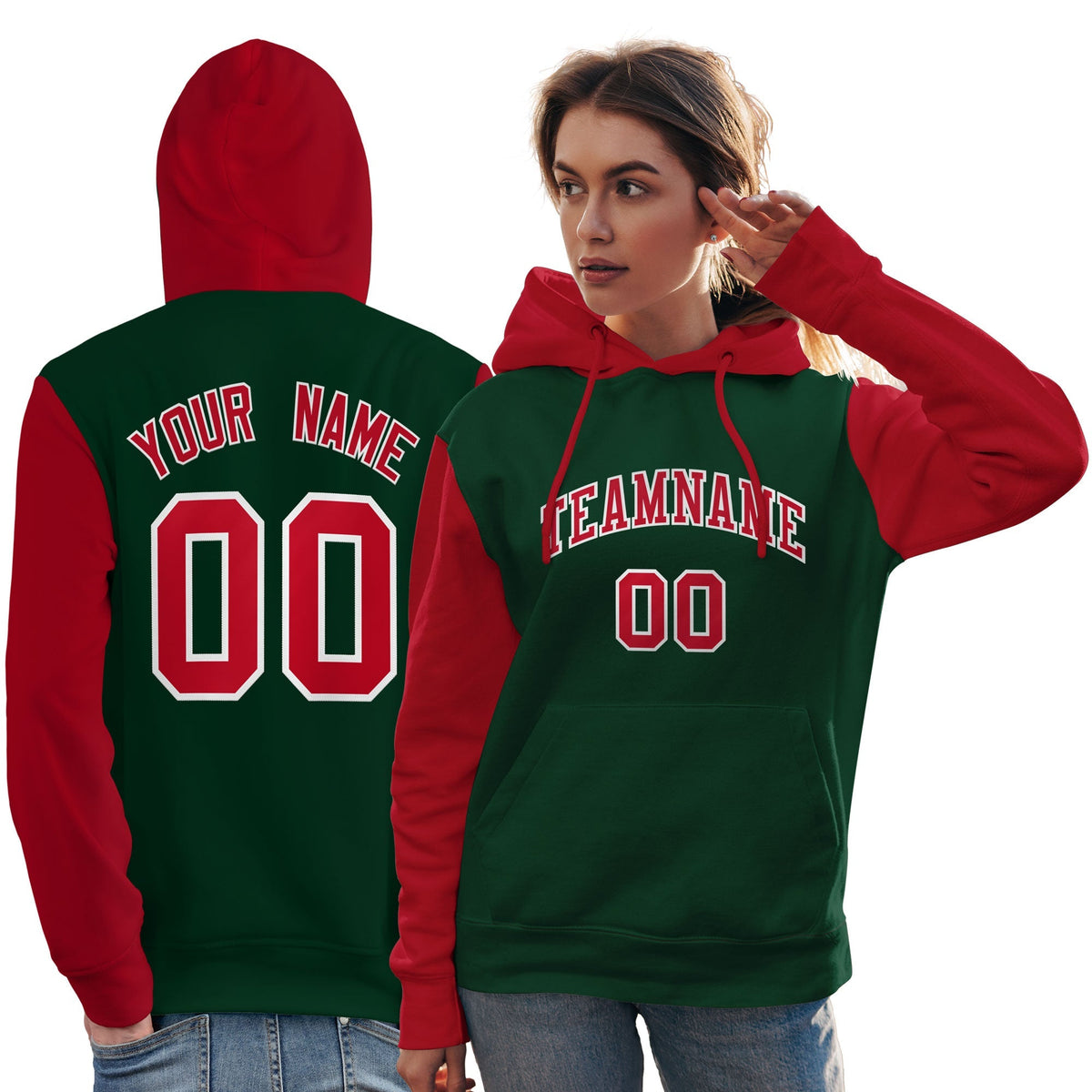 Custom Green Red-White Raglan Sleeves Pullover Personalized Team Sweatshirt Hoodie| KXKSHOP
