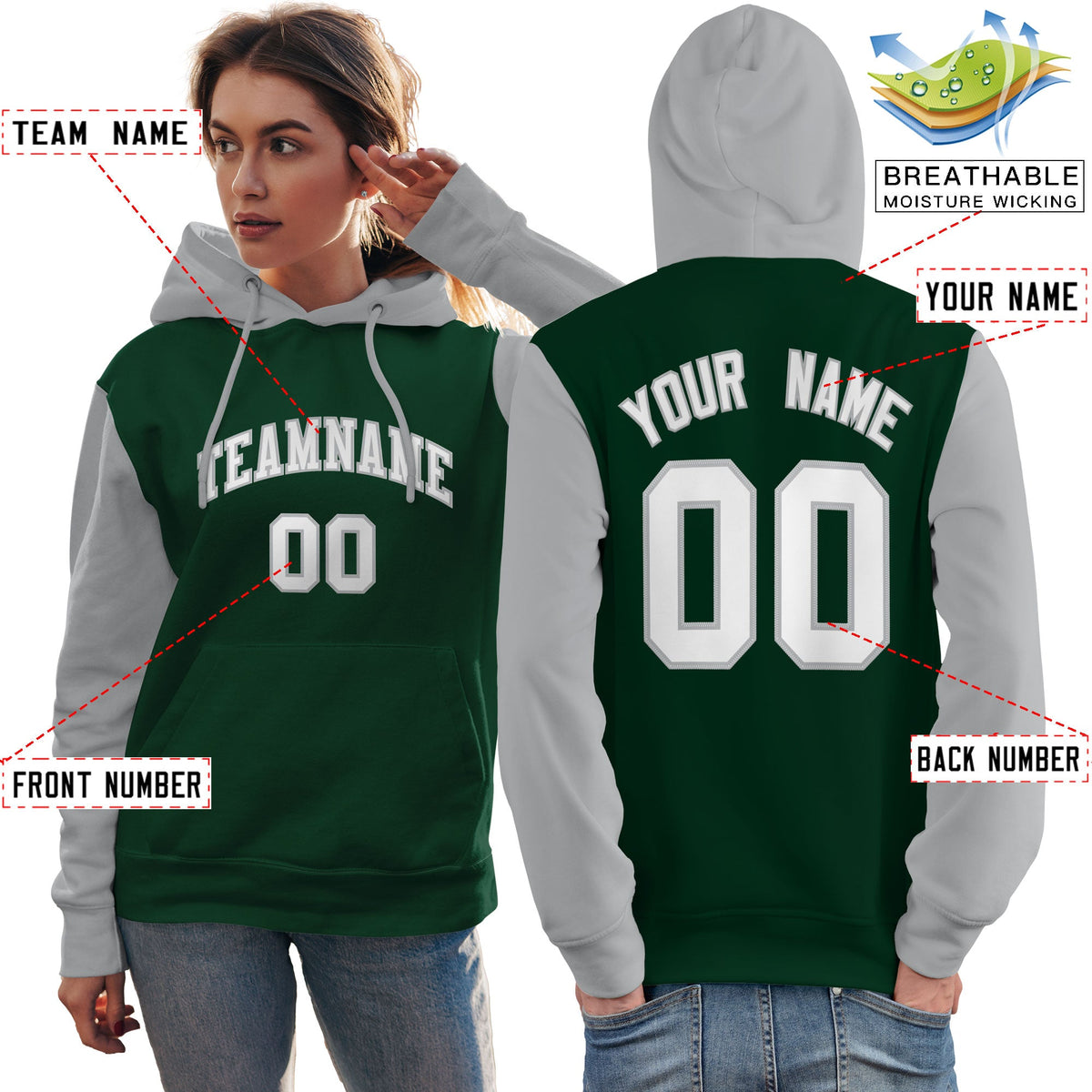 Custom Green White-Gray Raglan Sleeves Pullover Personalized Team Sweatshirt Hoodie| KXKSHOP