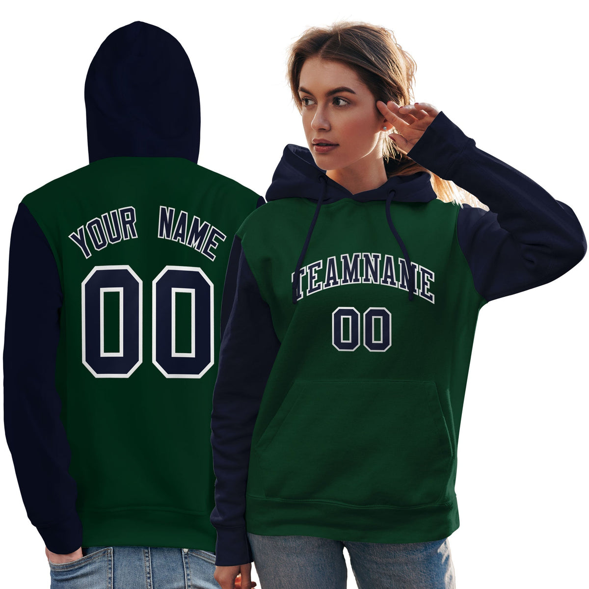Custom Green Navy-White Raglan Sleeves Pullover Personalized Team Sweatshirt Hoodie| KXKSHOP