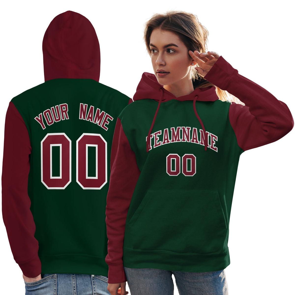 Custom Green Crimson-White Raglan Sleeves Pullover Personalized Team Sweatshirt Hoodie| KXKSHOP