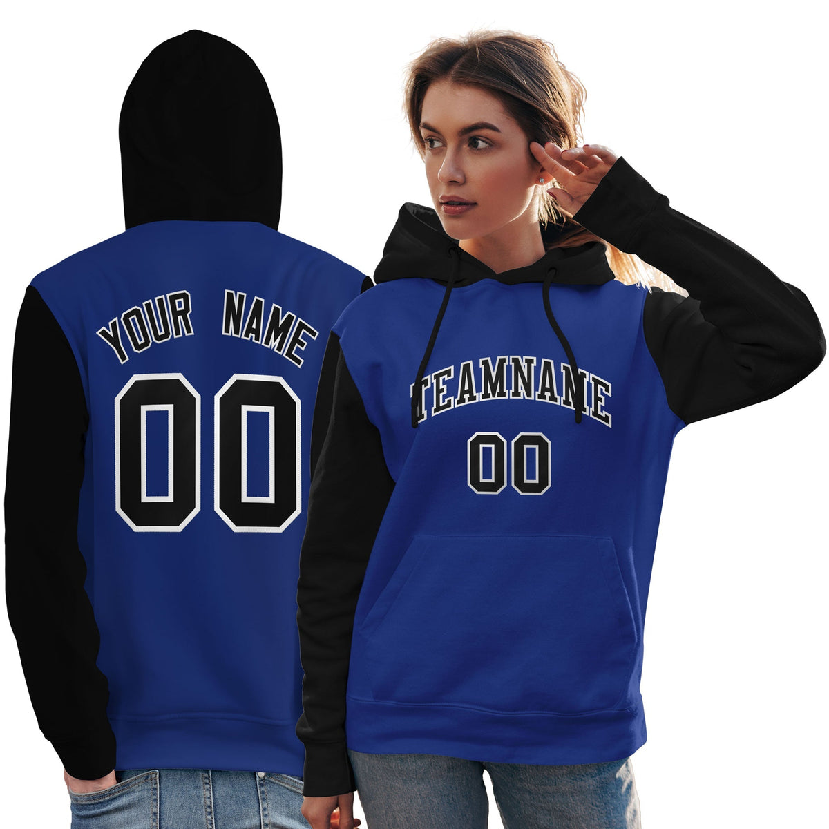 Custom Royal Black-White Raglan Sleeves Pullover Personalized Team Sweatshirt Hoodie| KXKSHOP
