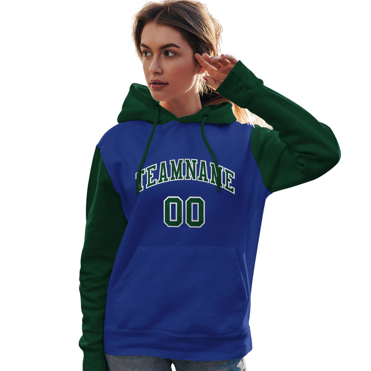Custom Royal Green-White Raglan Sleeves Pullover Personalized Team Sweatshirt Hoodie| KXKSHOP