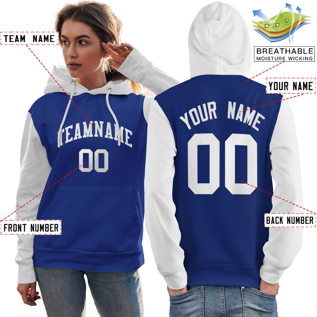 Custom Royal White Raglan Sleeves Pullover Personalized Team Sweatshirt Hoodie| KXKSHOP