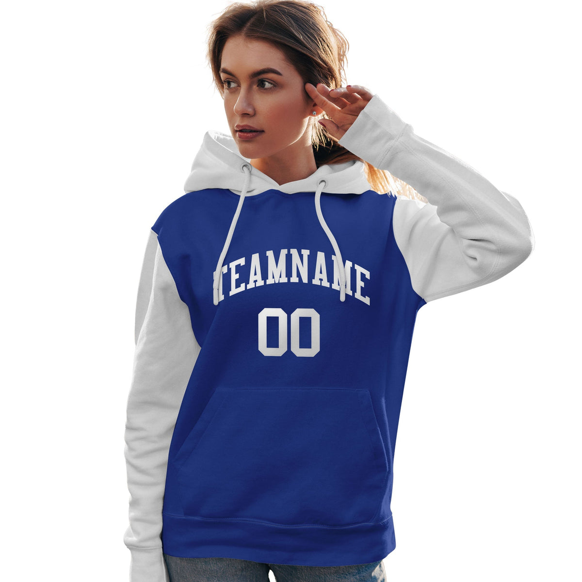 Custom Royal White Raglan Sleeves Pullover Personalized Team Sweatshirt Hoodie| KXKSHOP