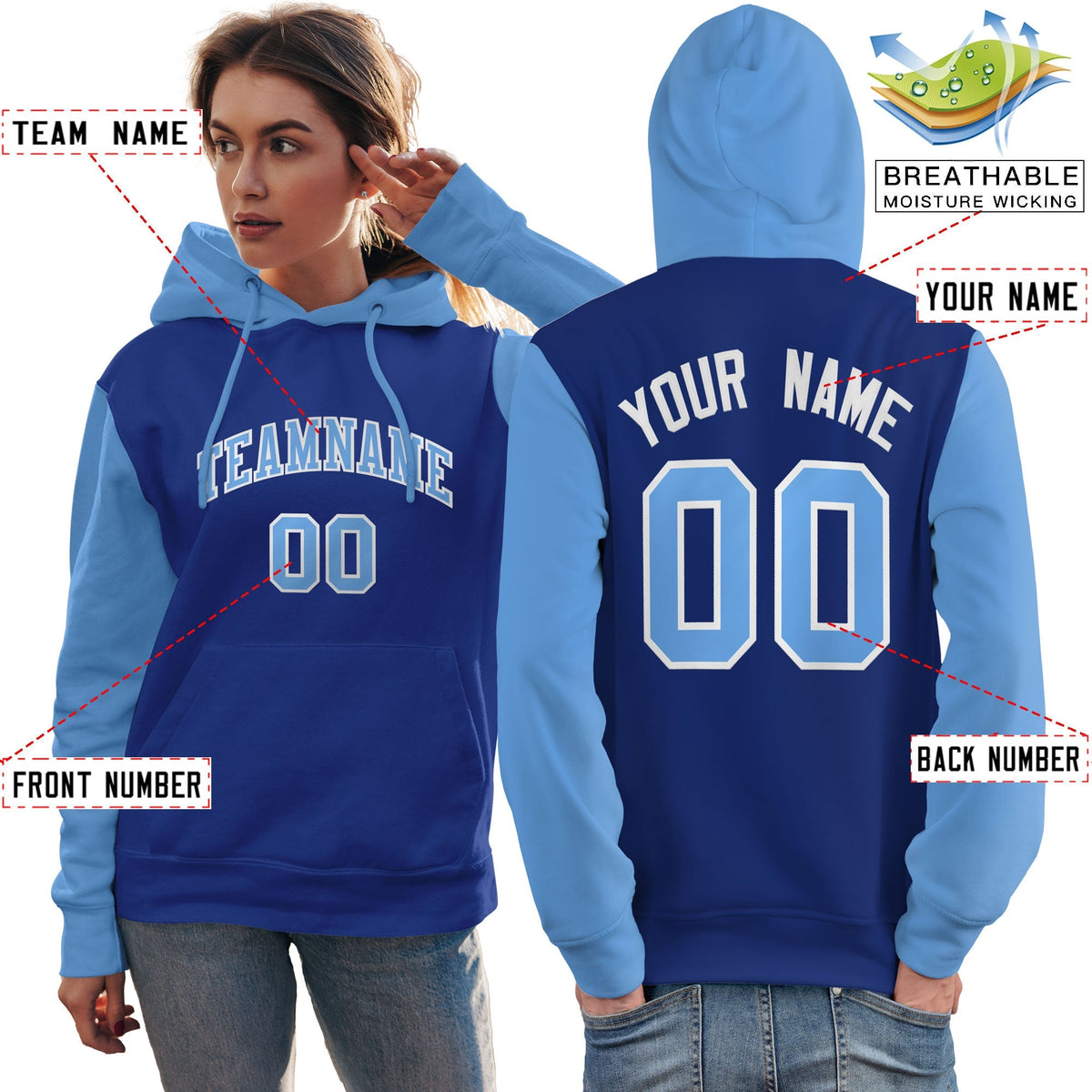 Custom Royal Light Blue-White Raglan Sleeves Pullover Personalized Team Sweatshirt Hoodie| KXKSHOP