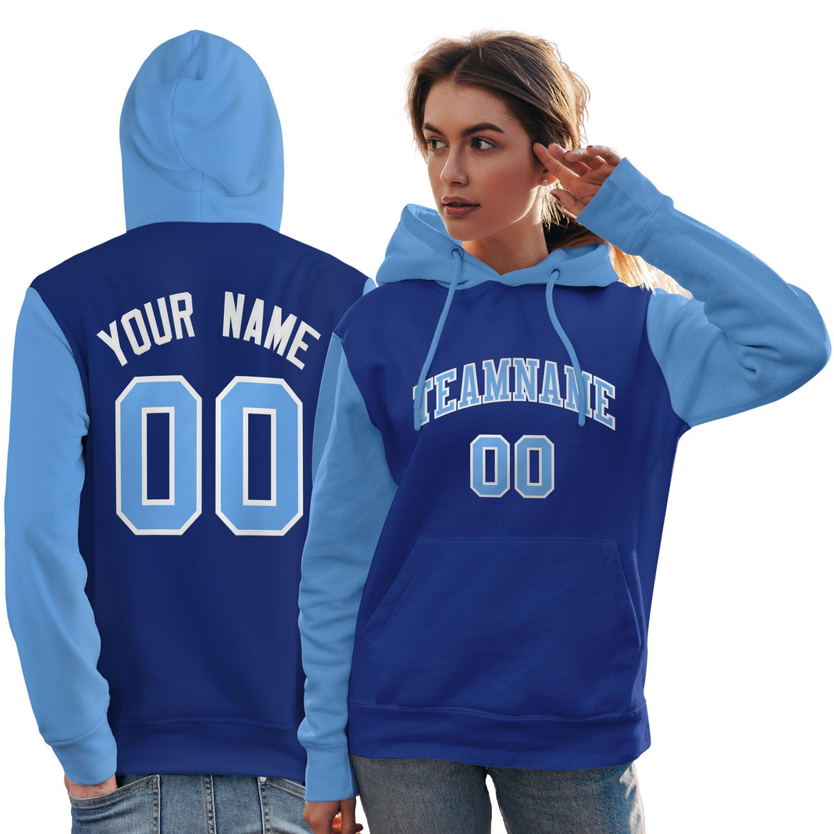 Custom Royal Light Blue-White Raglan Sleeves Pullover Personalized Team Sweatshirt Hoodie| KXKSHOP