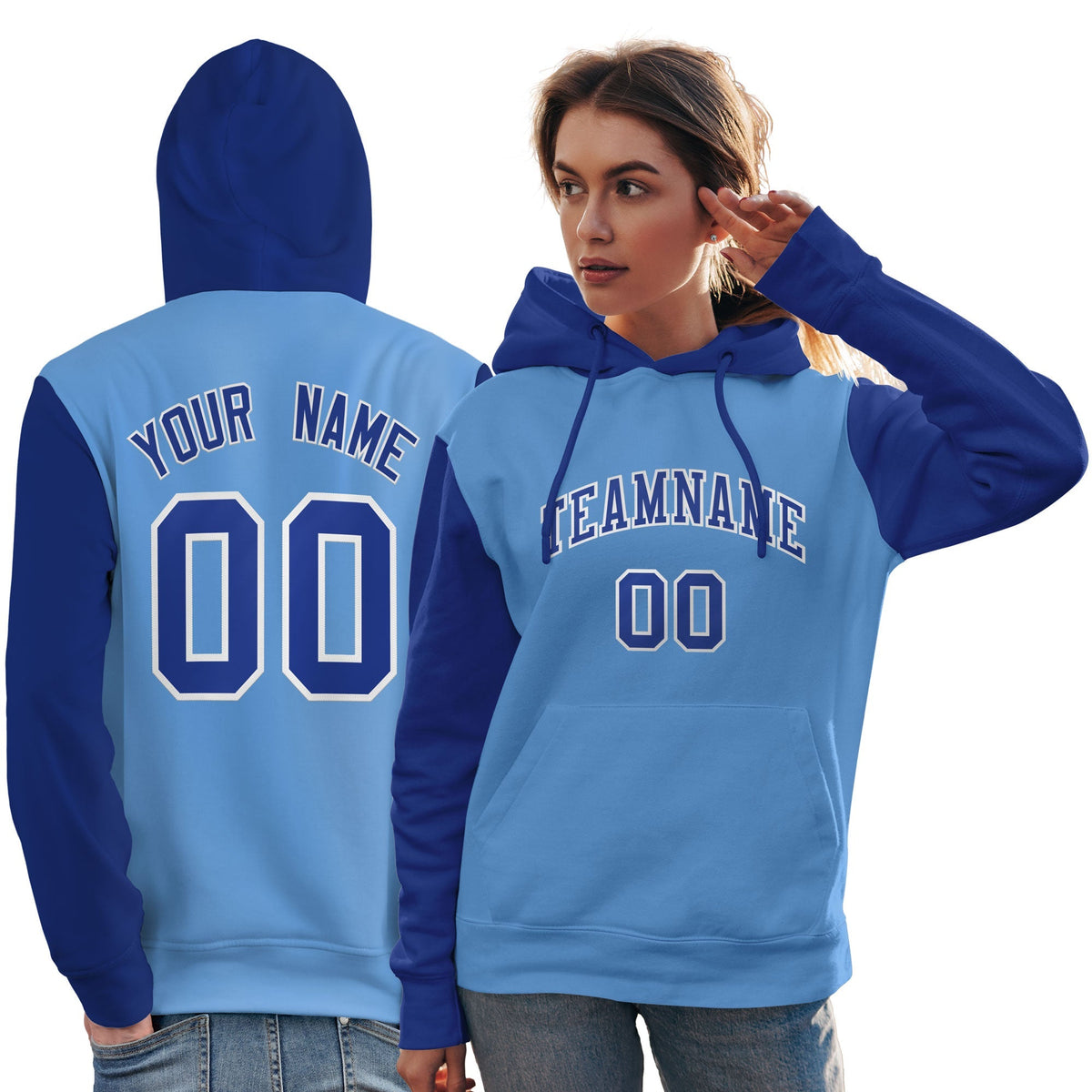Custom Light Blue Royal-White Raglan Sleeves Pullover Personalized Team Sweatshirt Hoodie| KXKSHOP