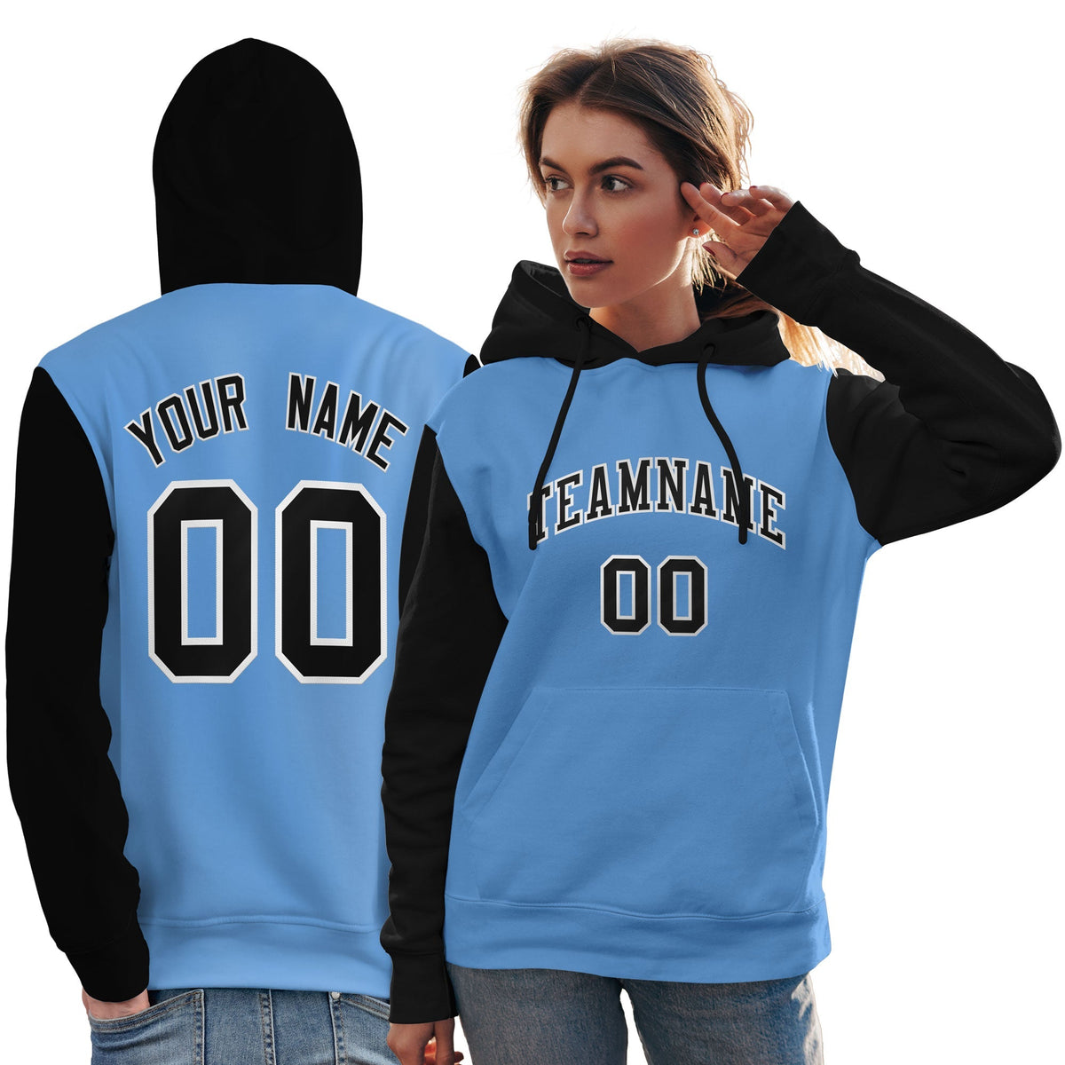 Custom Light Blue Black-White Raglan Sleeves Pullover Personalized Team Sweatshirt Hoodie| KXKSHOP