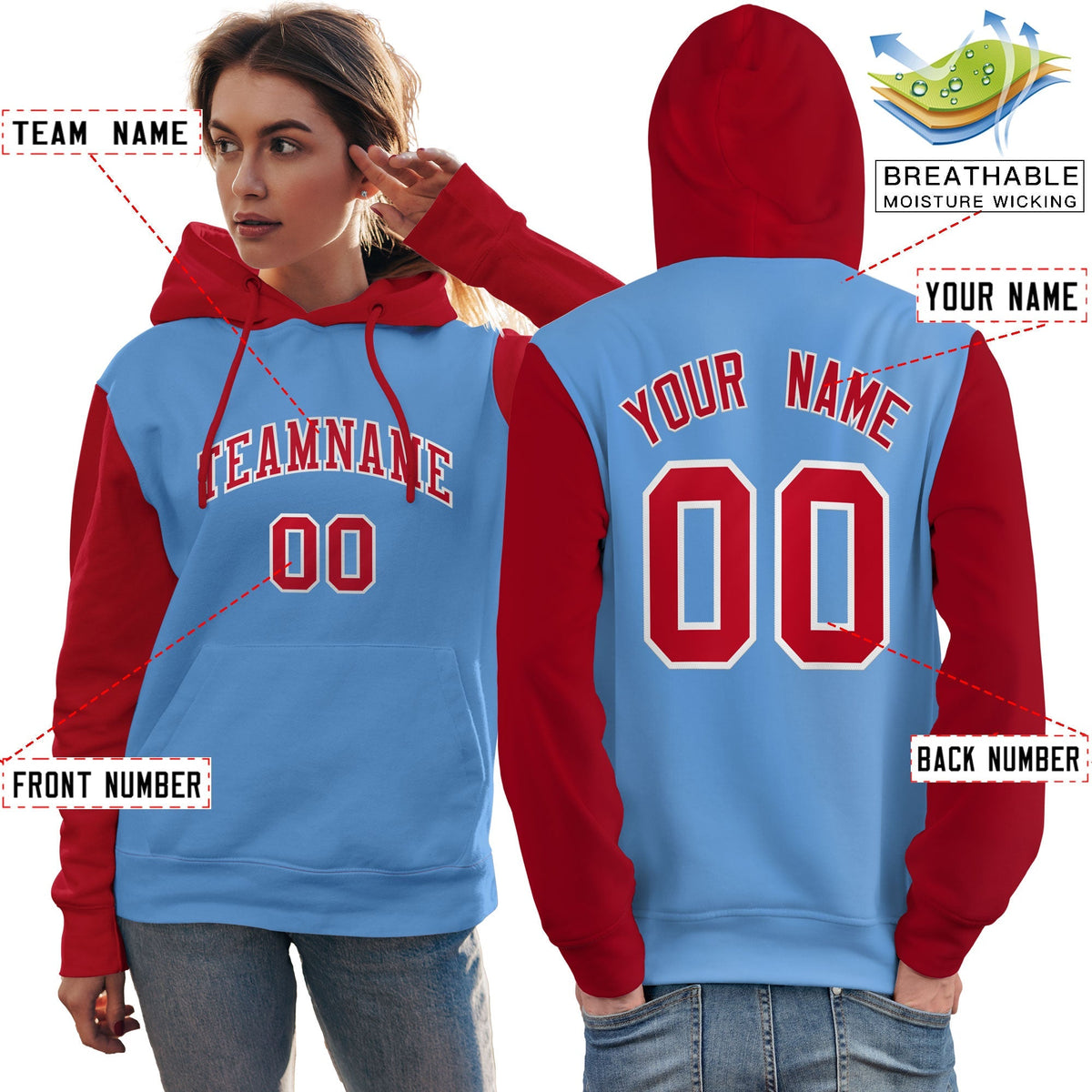 Custom Light Blue Red-White Raglan Sleeves Pullover Personalized Team Sweatshirt Hoodie| KXKSHOP