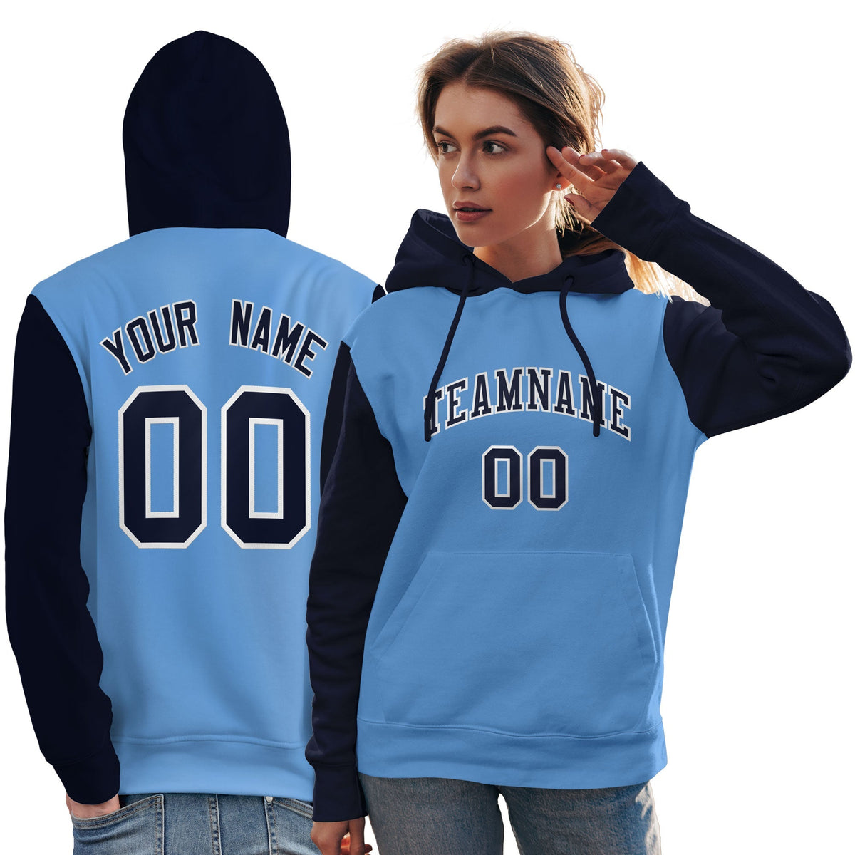 Custom Light Blue Navy-White Raglan Sleeves Pullover Personalized Team Sweatshirt Hoodie| KXKSHOP