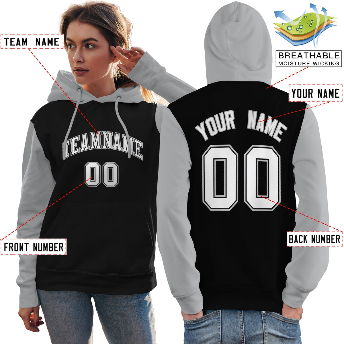 Custom Black White-Gray Raglan Sleeves Pullover Personalized Team Sweatshirt Hoodie| KXKSHOP