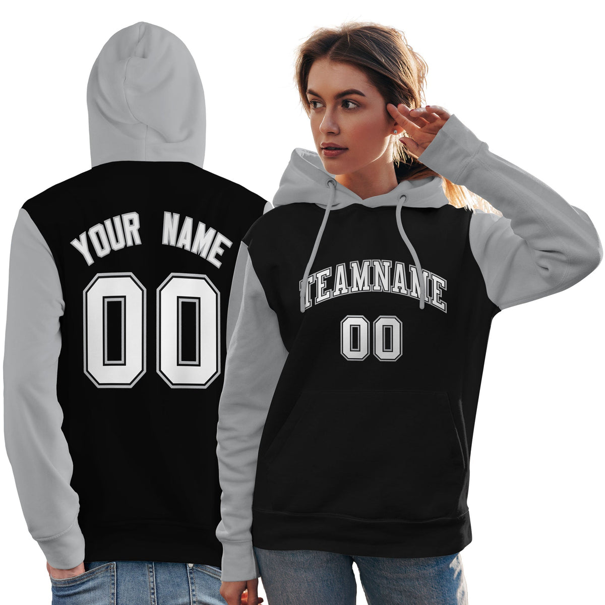 Custom Black White-Gray Raglan Sleeves Pullover Personalized Team Sweatshirt Hoodie| KXKSHOP