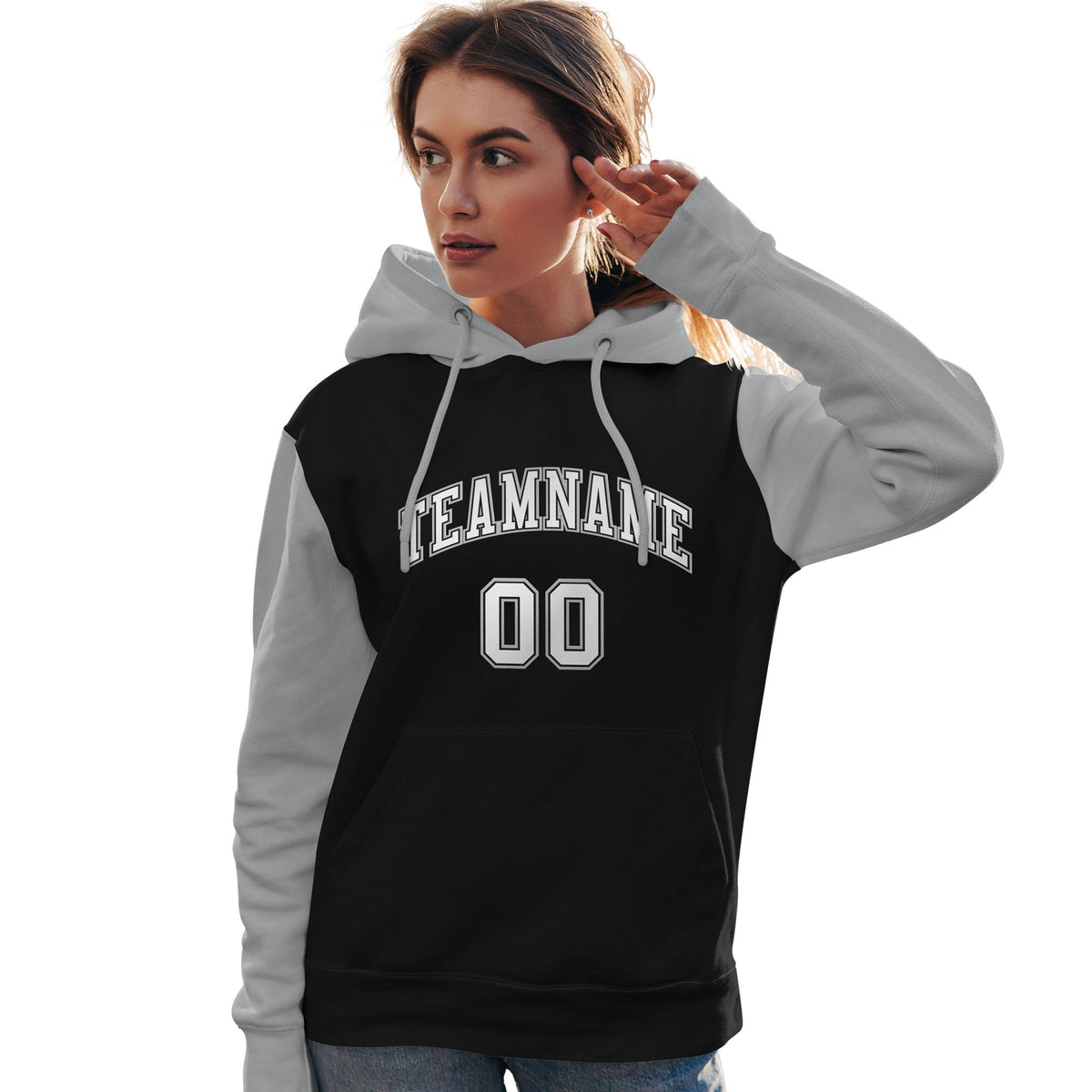 Custom Black White-Gray Raglan Sleeves Pullover Personalized Team Sweatshirt Hoodie| KXKSHOP