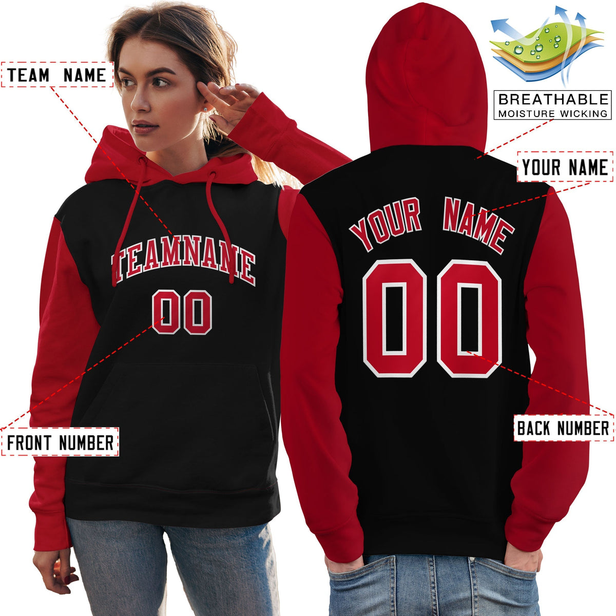 Custom Black Red-White Raglan Sleeves Pullover Personalized Team Sweatshirt Hoodie| KXKSHOP