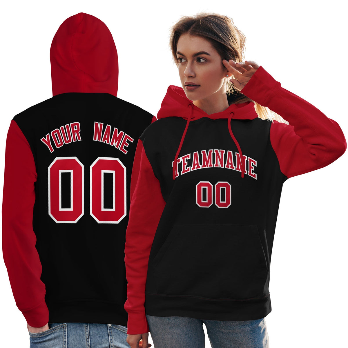 Custom Black Red-White Raglan Sleeves Pullover Personalized Team Sweatshirt Hoodie| KXKSHOP