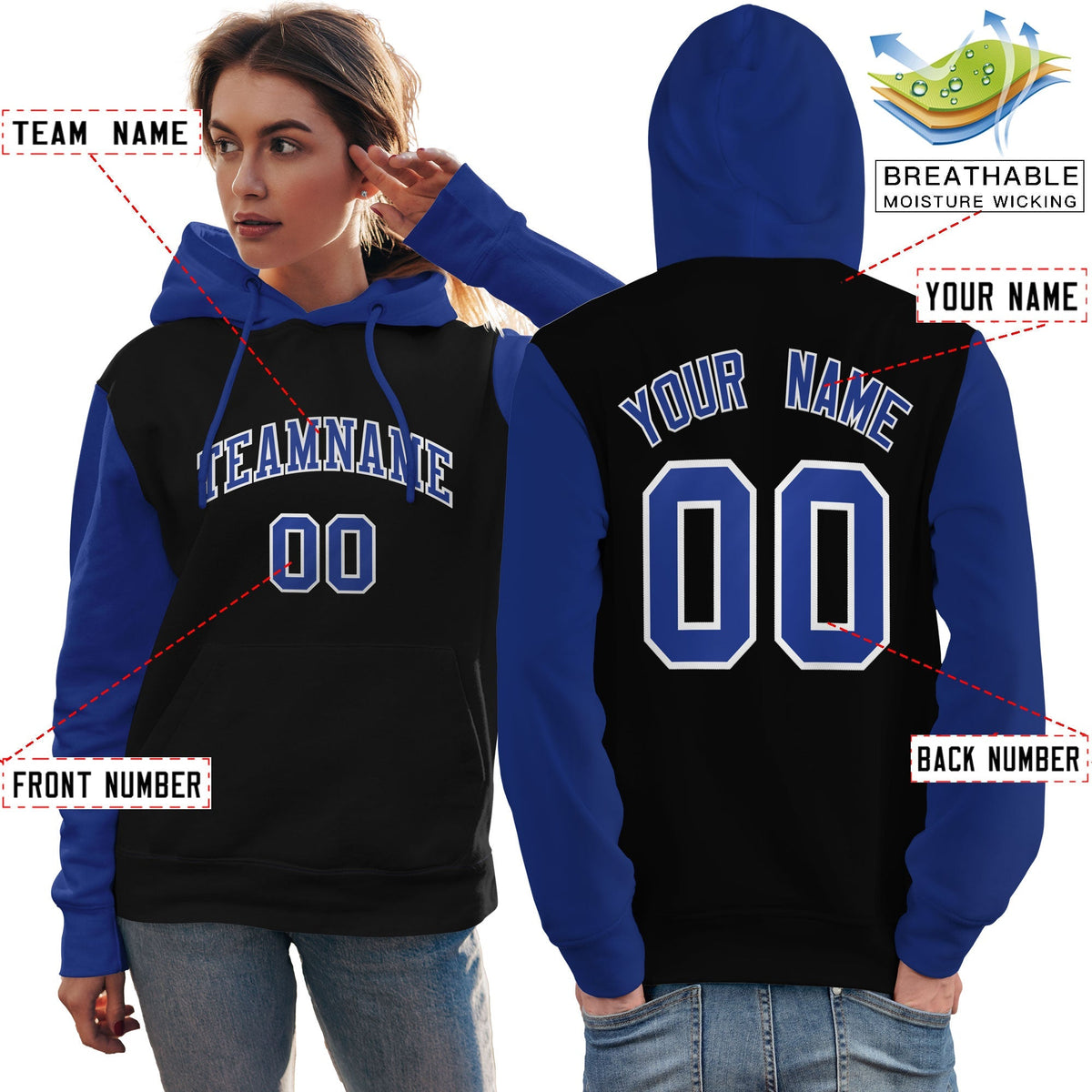 Custom Black Royal-White Raglan Sleeves Pullover Personalized Team Sweatshirt Hoodie| KXKSHOP