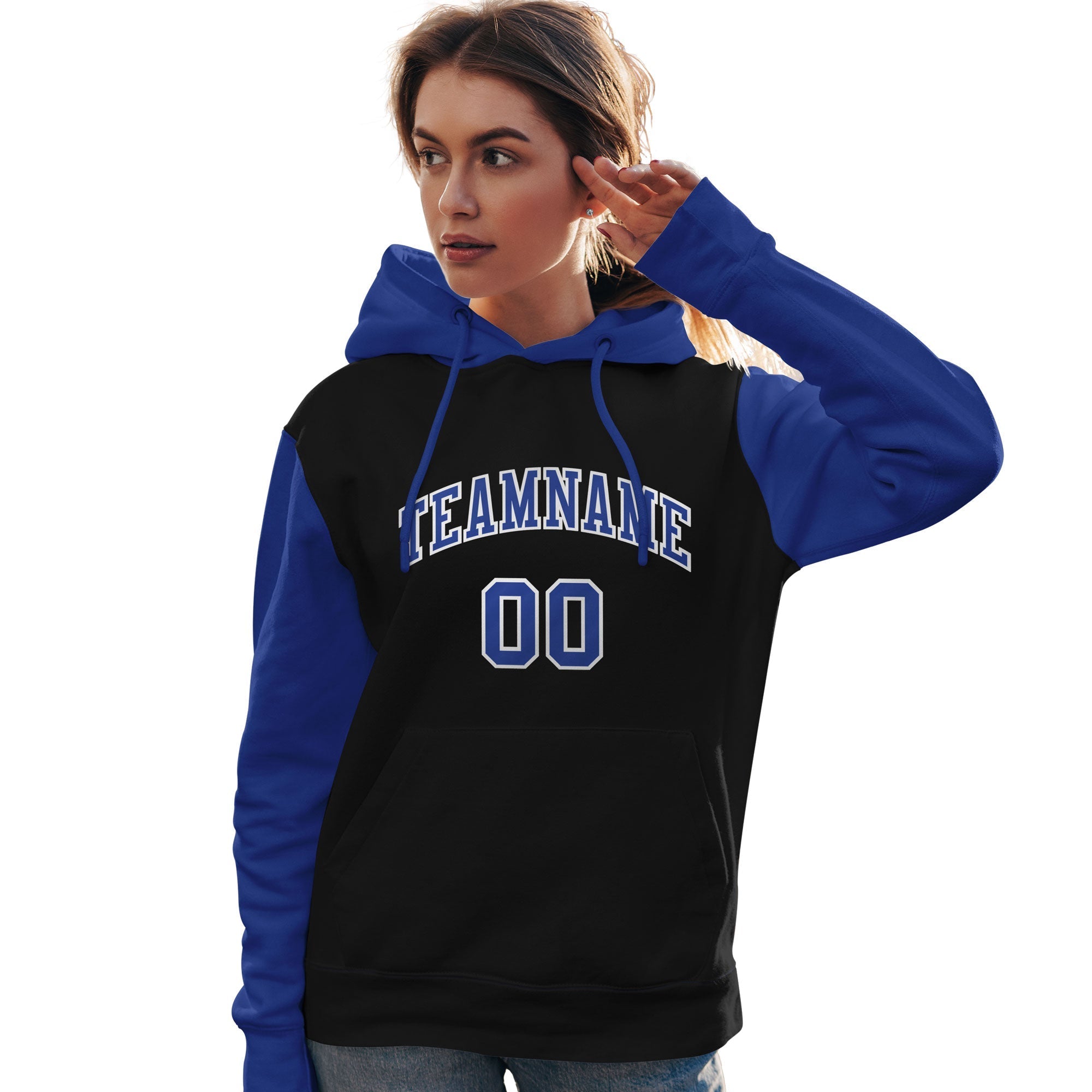 Custom Black Royal-White Raglan Sleeves Pullover Personalized Team Sweatshirt Hoodie| KXKSHOP