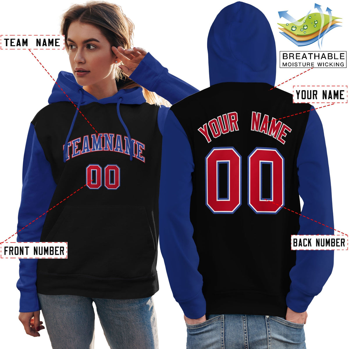 Custom Black Royal-Red Raglan Sleeves Pullover Personalized Team Sweatshirt Hoodie| KXKSHOP