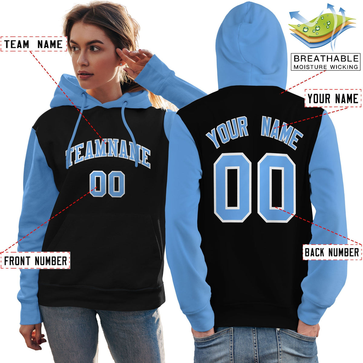 Custom Black Light Blue-White Raglan Sleeves Pullover Personalized Team Sweatshirt Hoodie| KXKSHOP