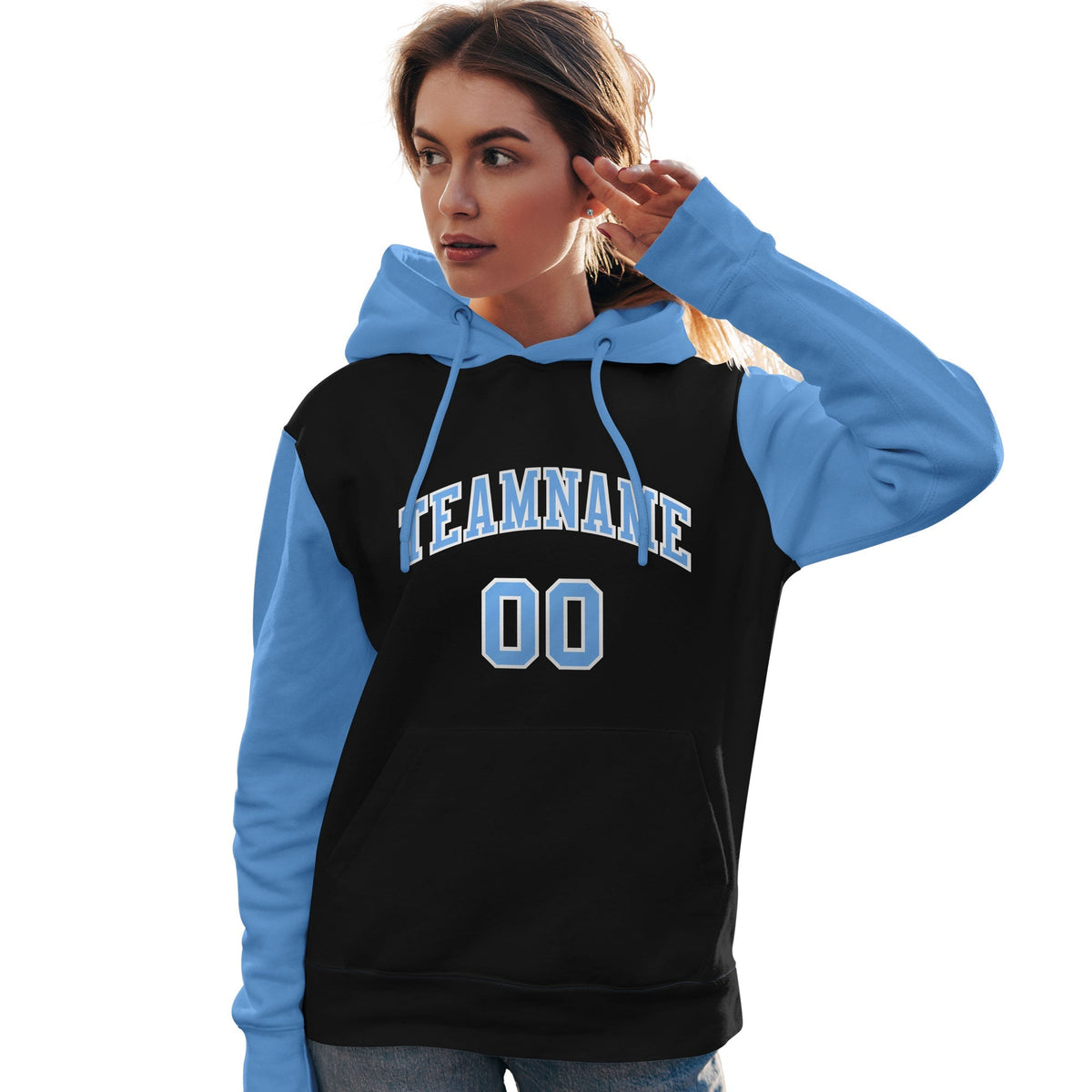 Custom Black Light Blue-White Raglan Sleeves Pullover Personalized Team Sweatshirt Hoodie| KXKSHOP