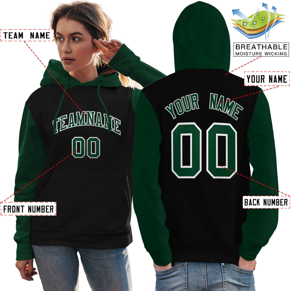 Custom Black Green-White Raglan Sleeves Pullover Personalized Team Sweatshirt Hoodie| KXKSHOP