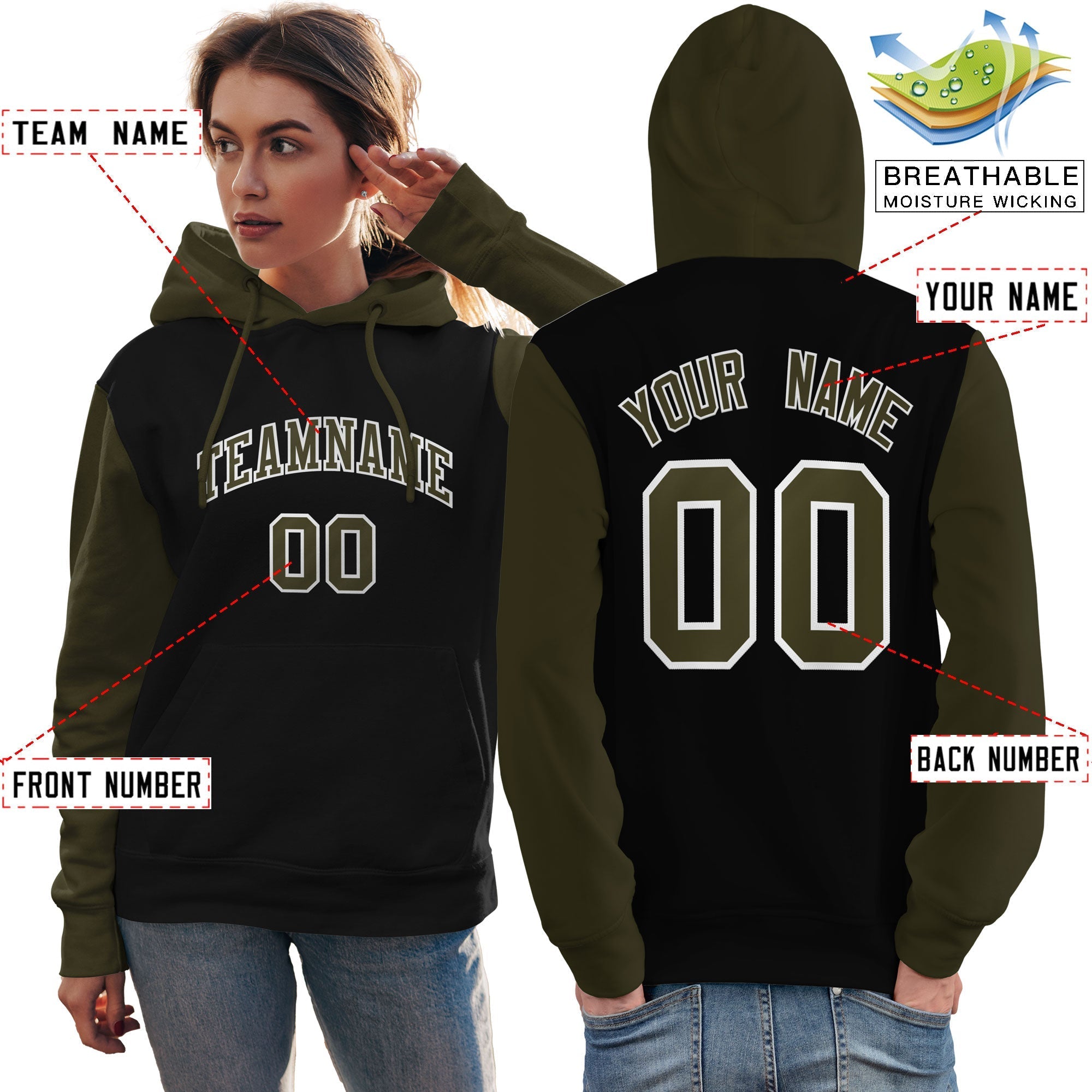 Custom Black Olive-White Raglan Sleeves Pullover Personalized Team Sweatshirt Hoodie| KXKSHOP