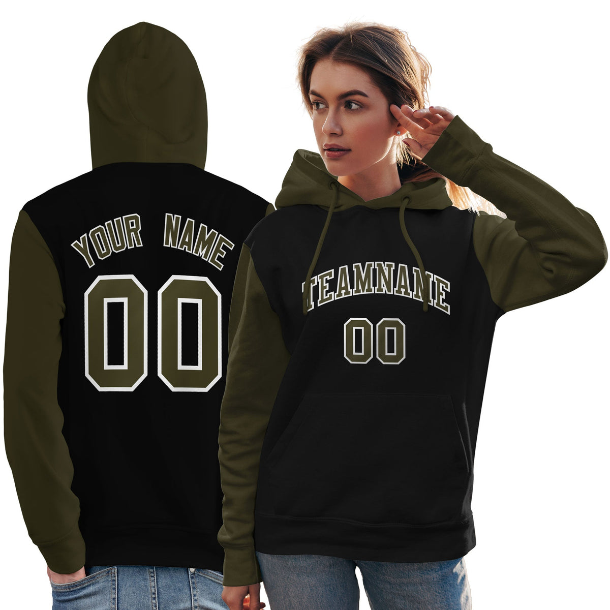 Custom Black Olive-White Raglan Sleeves Pullover Personalized Team Sweatshirt Hoodie| KXKSHOP