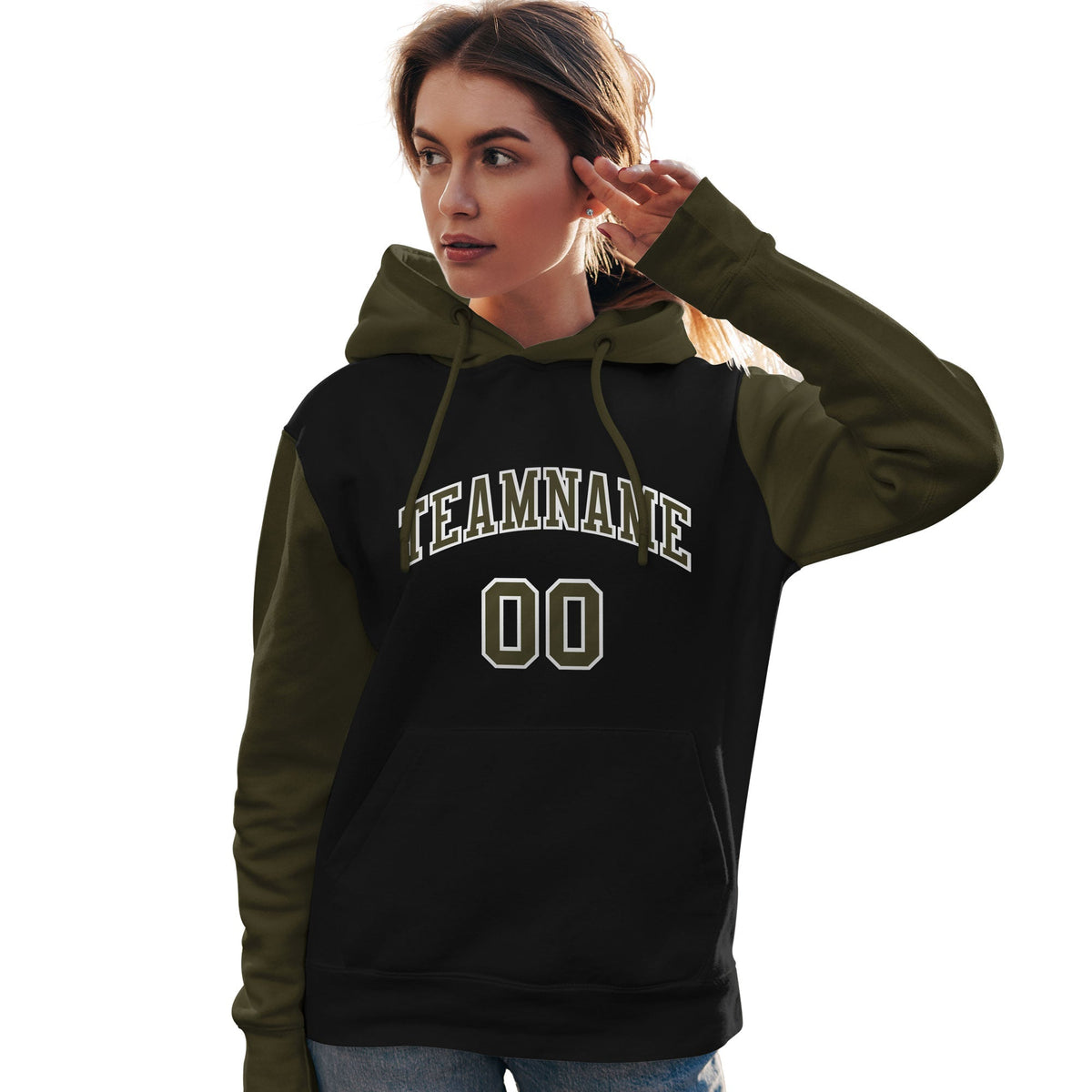 Custom Black Olive-White Raglan Sleeves Pullover Personalized Team Sweatshirt Hoodie| KXKSHOP