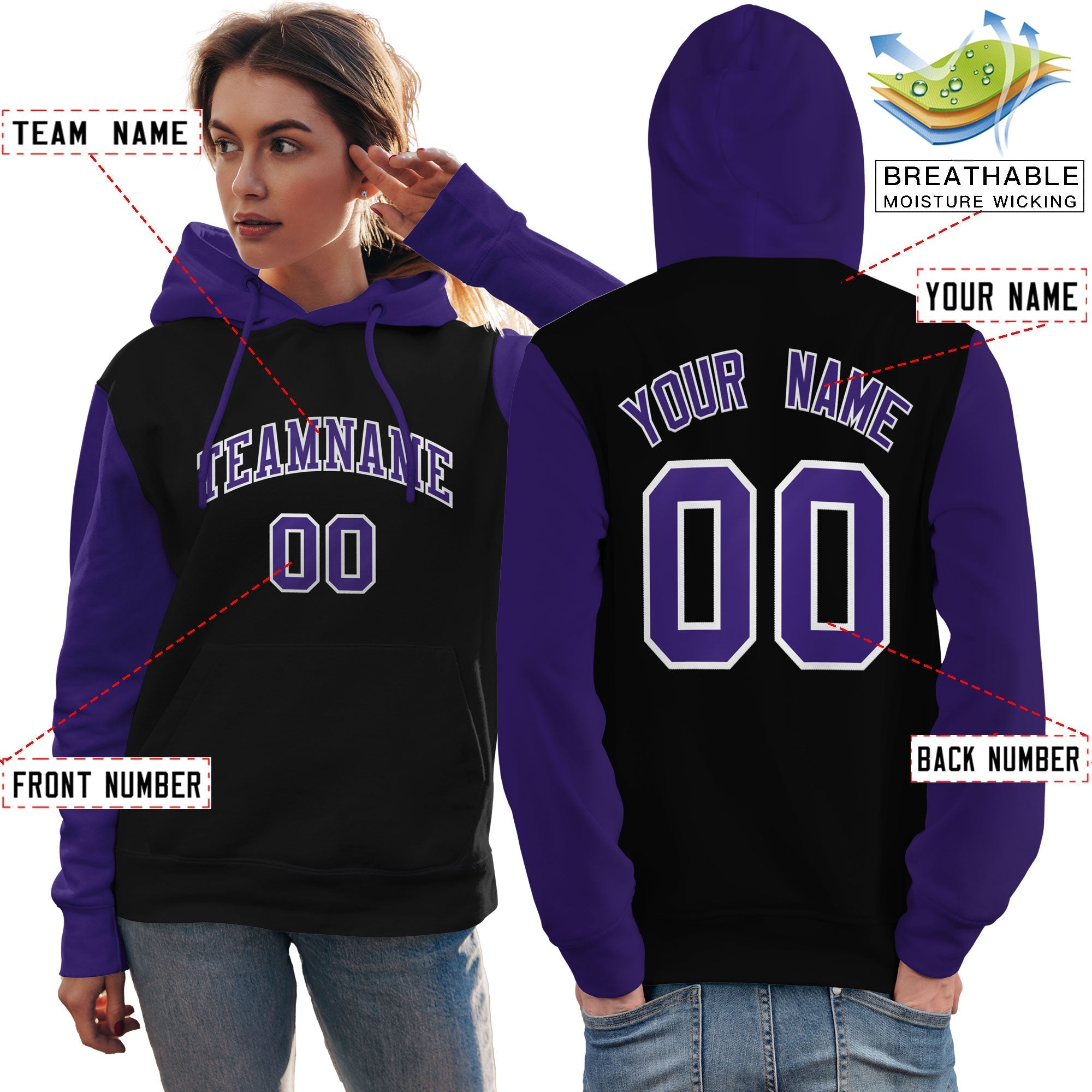 Custom Black Purple-White Raglan Sleeves Pullover Personalized Team Sweatshirt Hoodie| KXKSHOP