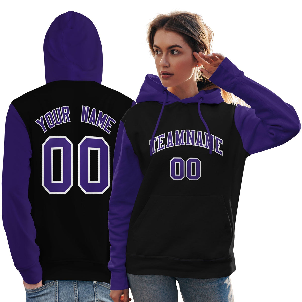 Custom Black Purple-White Raglan Sleeves Pullover Personalized Team Sweatshirt Hoodie| KXKSHOP