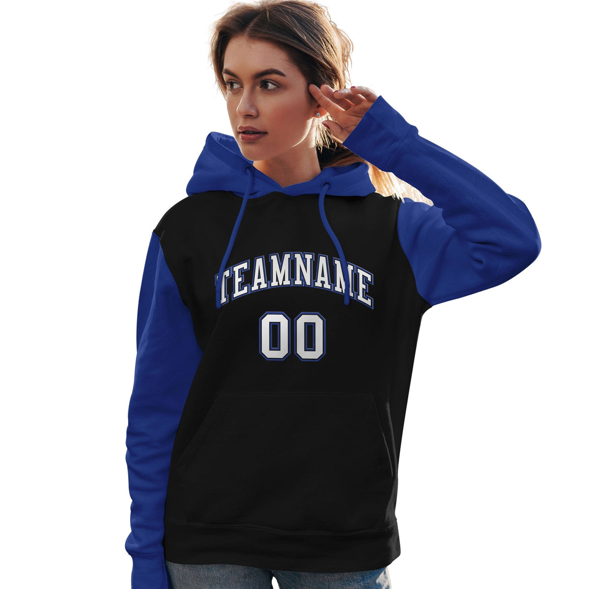 Custom Black White-Royal Raglan Sleeves Pullover Personalized Team Sweatshirt Hoodie| KXKSHOP