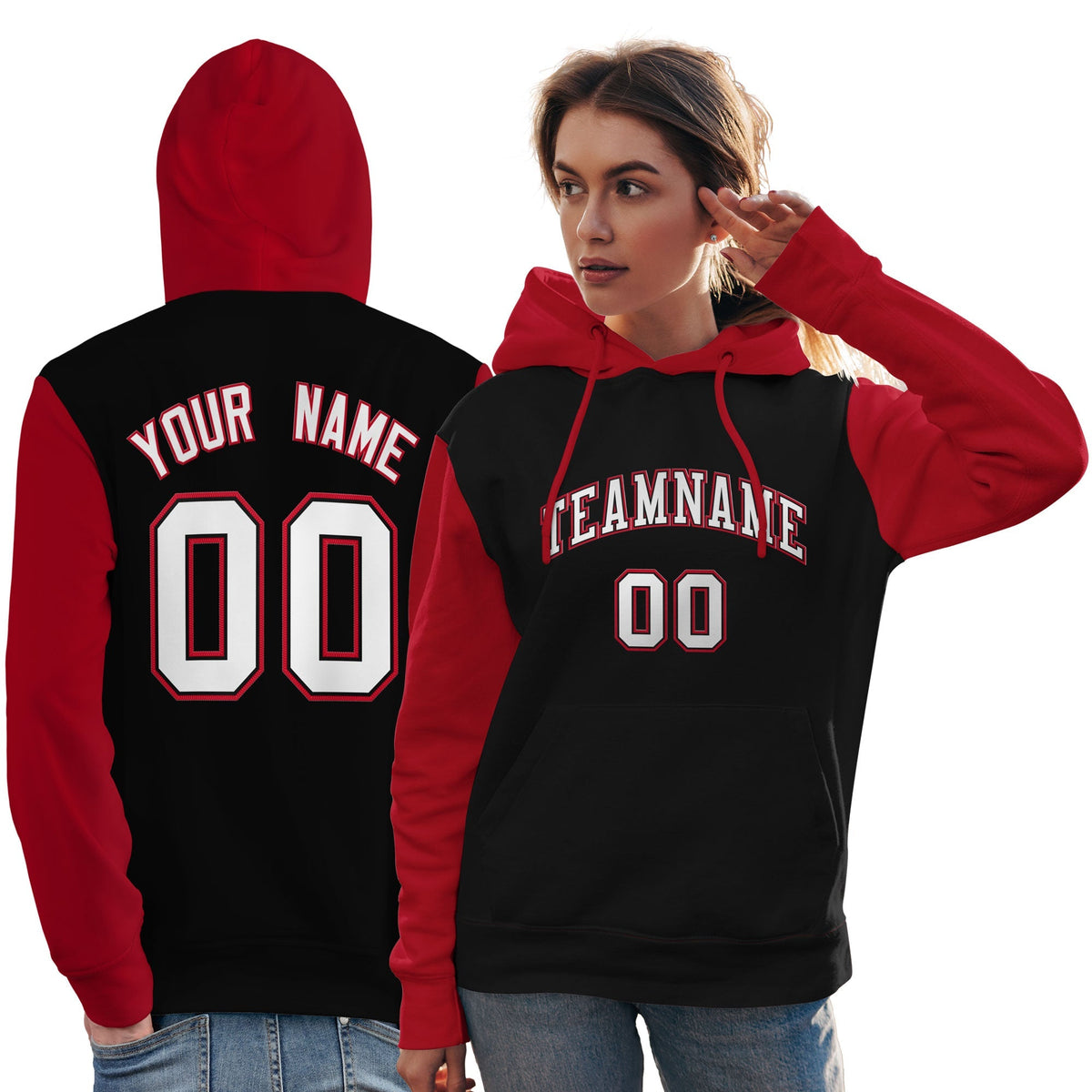 Custom Black White-Red Raglan Sleeves Pullover Personalized Team Sweatshirt Hoodie| KXKSHOP
