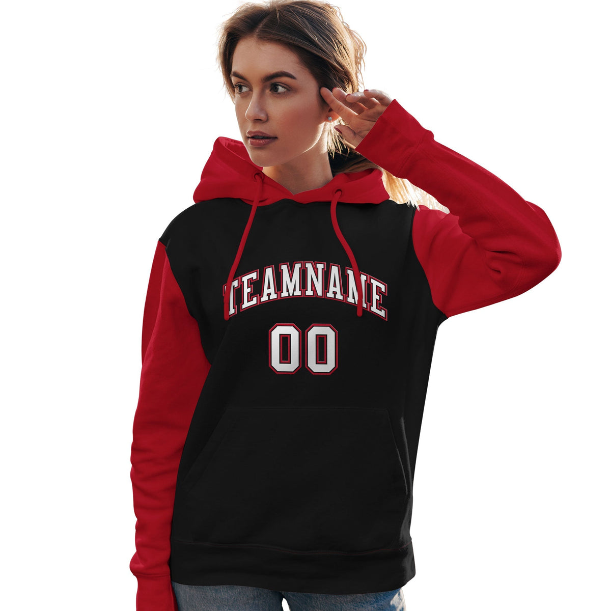 Custom Black White-Red Raglan Sleeves Pullover Personalized Team Sweatshirt Hoodie| KXKSHOP