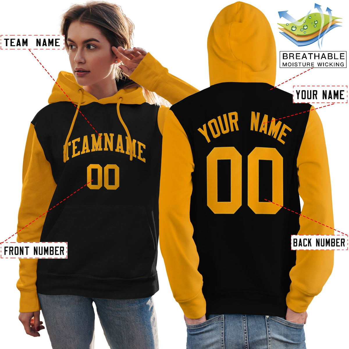 Custom Black Gold Raglan Sleeves Pullover Personalized Team Sweatshirt Hoodie| KXKSHOP