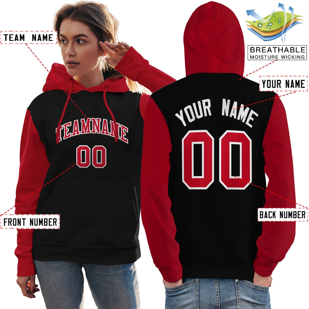 Custom Black Red-White Raglan Sleeves Pullover Personalized Team Sweatshirt Hoodie| KXKSHOP
