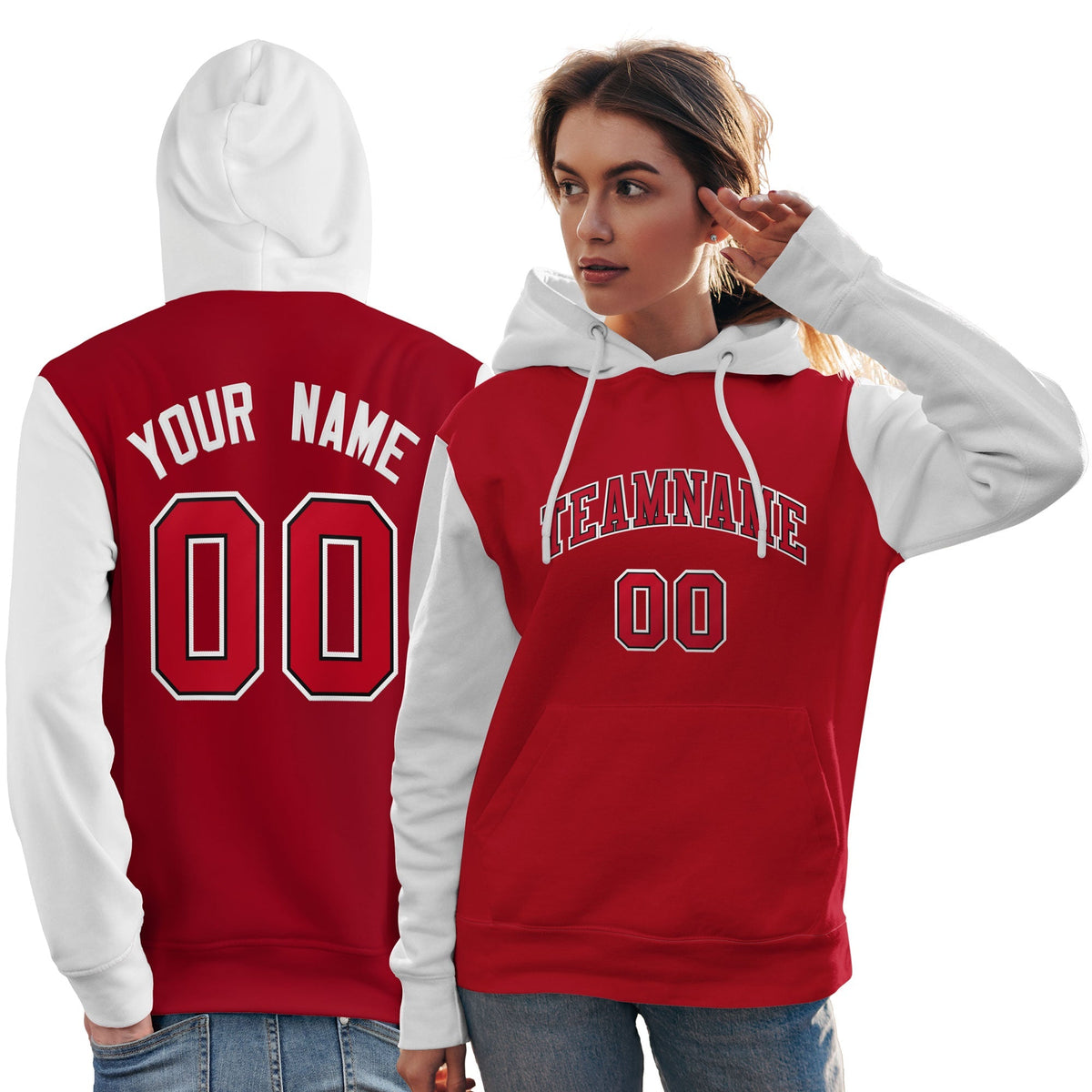 Custom Red Black-White Raglan Sleeves Pullover Personalized Team Sweatshirt Hoodie| KXKSHOP