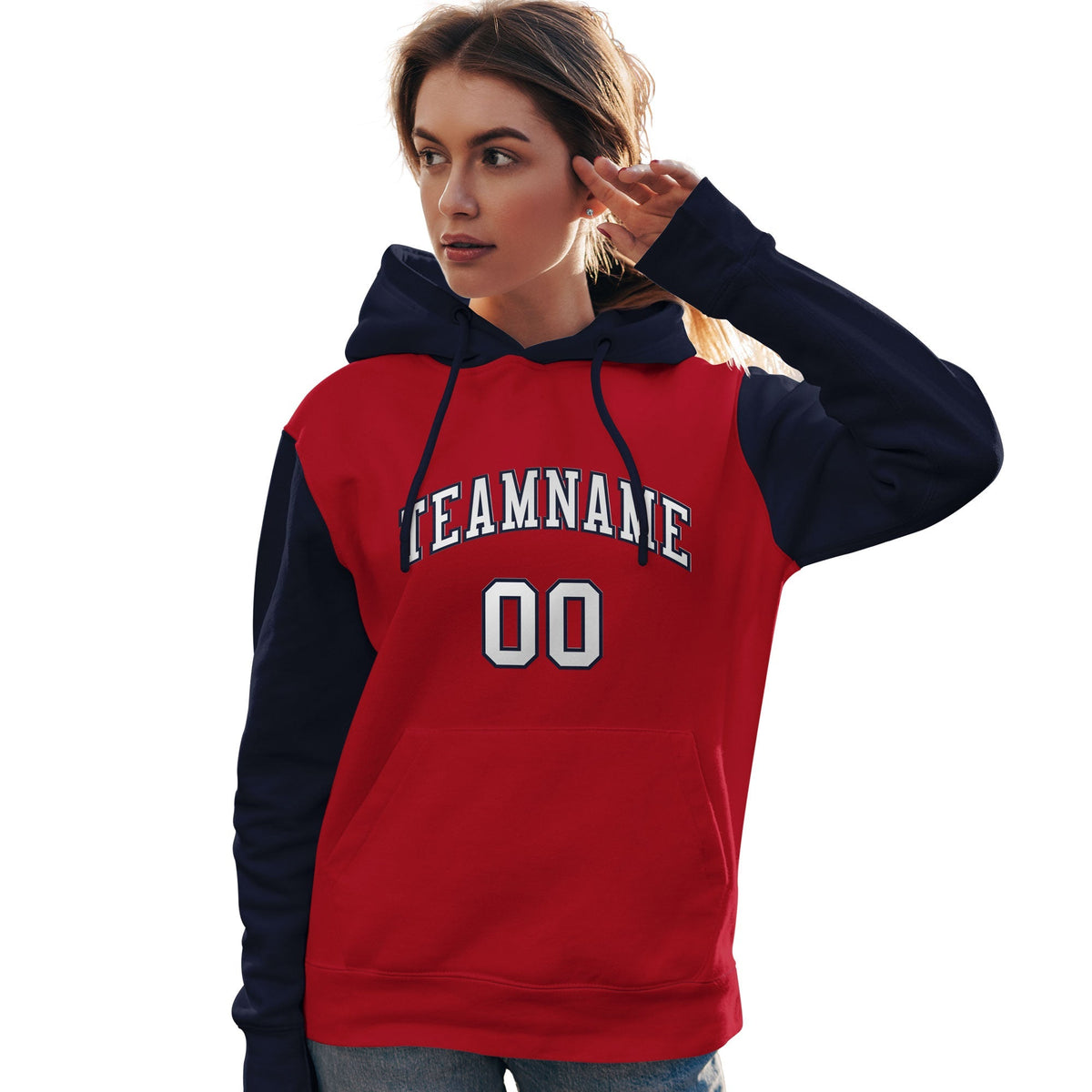 Custom Red White-Navy Raglan Sleeves Pullover Personalized Team Sweatshirt Hoodie| KXKSHOP