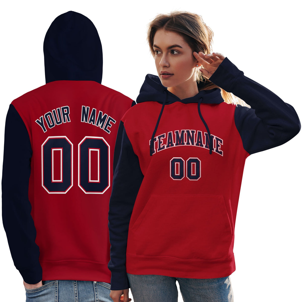 Custom Red Navy-White Raglan Sleeves Pullover Personalized Team Sweatshirt Hoodie| KXKSHOP
