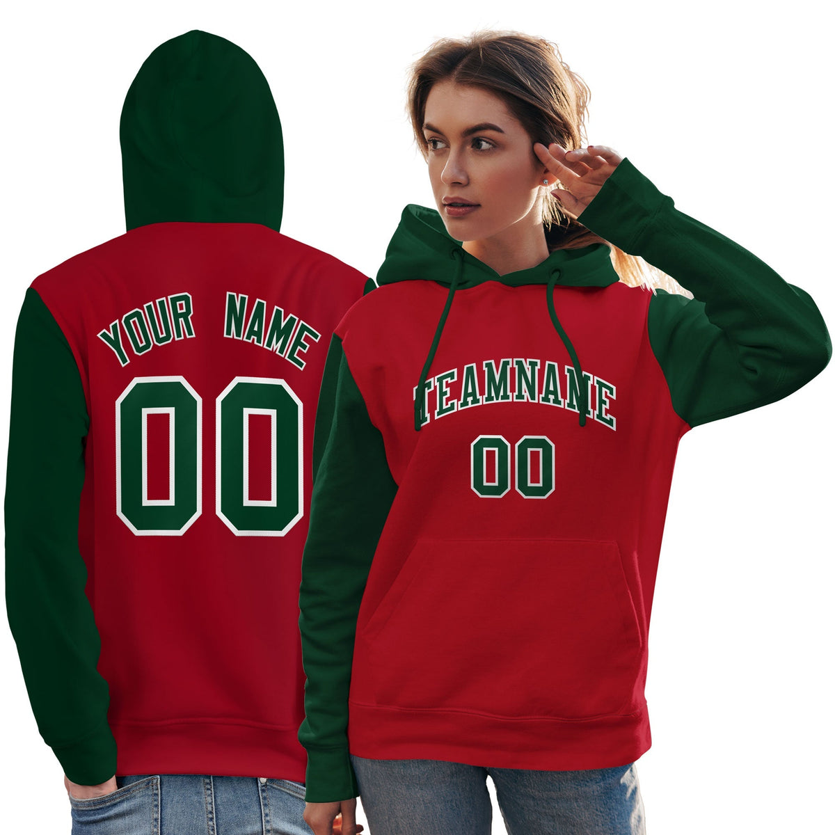 Custom Red Green-White Raglan Sleeves Pullover Personalized Team Sweatshirt Hoodie| KXKSHOP