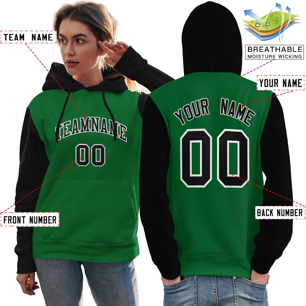 Custom Kelly Green Black-White Raglan Sleeves Pullover Personalized Team Sweatshirt Hoodie| KXKSHOP