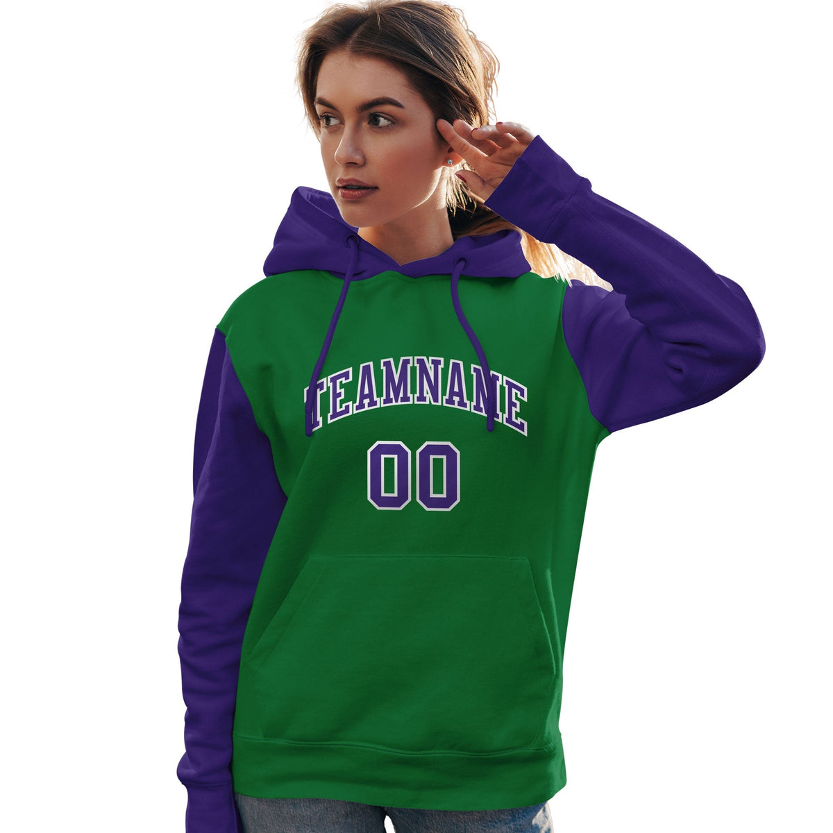 Custom Kelly Green Purple-White Raglan Sleeves Pullover Personalized Team Sweatshirt Hoodie| KXKSHOP