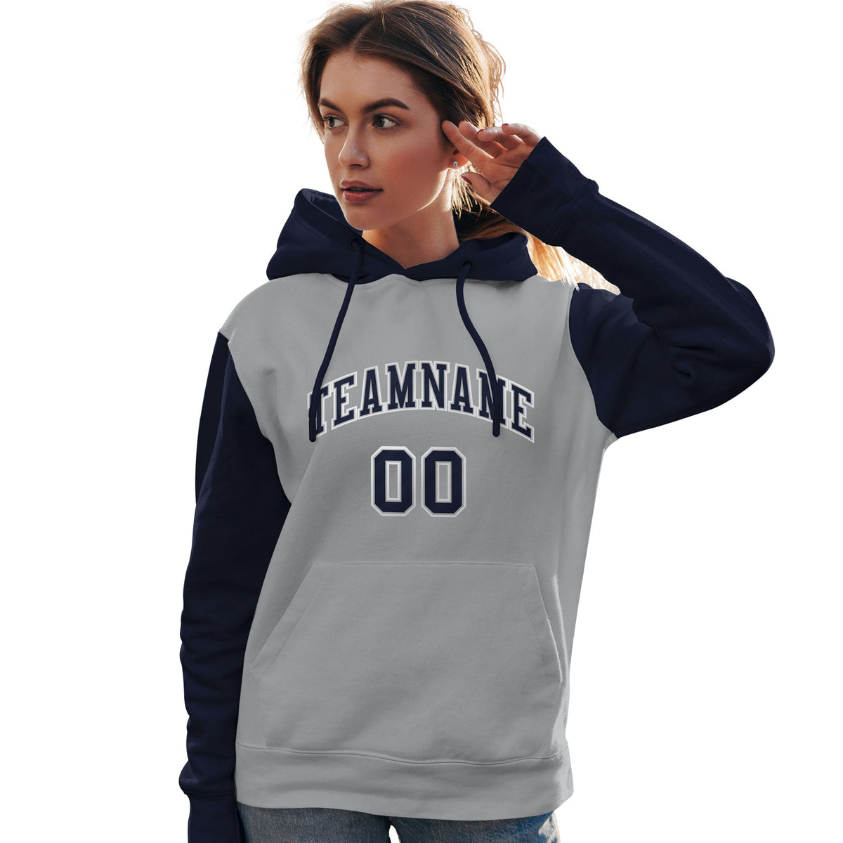 Custom Gray Navy-White Raglan Sleeves Pullover Personalized Team Sweatshirt Hoodie| KXKSHOP