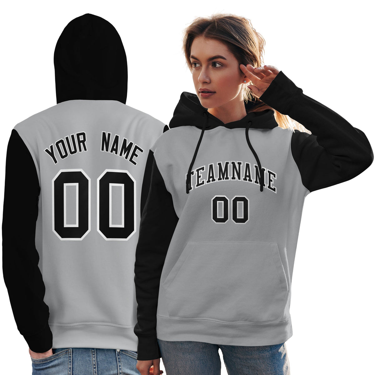 Custom Gray Black-White Raglan Sleeves Pullover Personalized Team Sweatshirt Hoodie| KXKSHOP